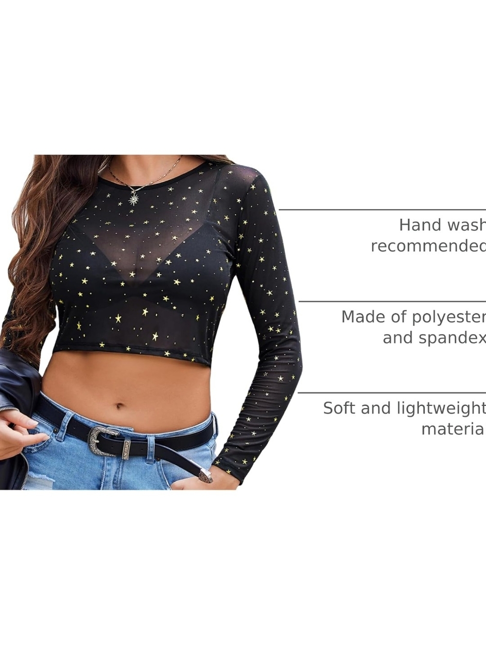 Sheer Star Mesh Long Sleeve Crop Top - Black XS-4X - Picture 3 of 4